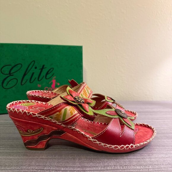 Elite By Corkys Womens Red Floral Leather Wedge Sandals Size 9 NIB - Picture 3 of 9
